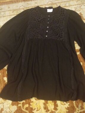 Black Eyelet Yoke Tunic Blouse with Button Front